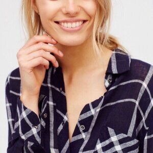 Rails x Free People Charli Linen Blend Plaid Shirt Navy Blue Size S